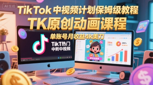 TikTok中视频计划保姆级教程，TK原创动画课程，单账号月收益4k美刀 - 卡易购-数字权益卡券营销自助平台-卡易购-数字权益卡券营销自助平台