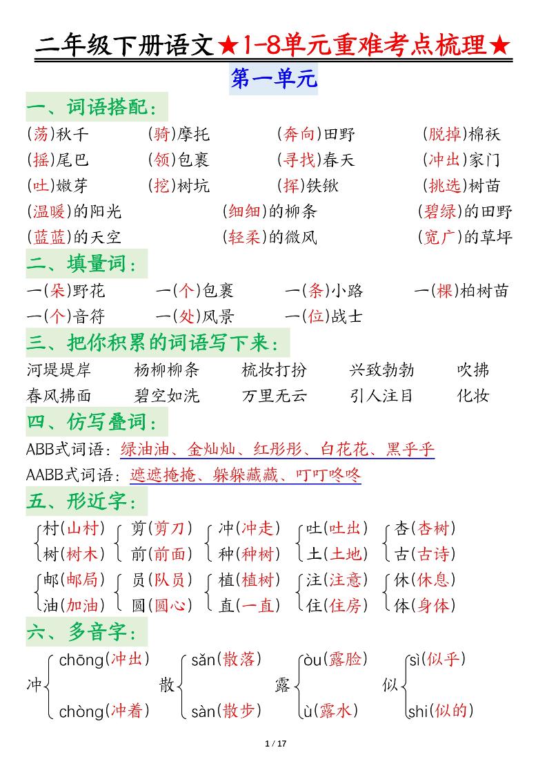 二下语文期末复习1-8单元重难考点梳理总结（17页） - 卡易购-数字权益卡券营销自助平台-卡易购-数字权益卡券营销自助平台